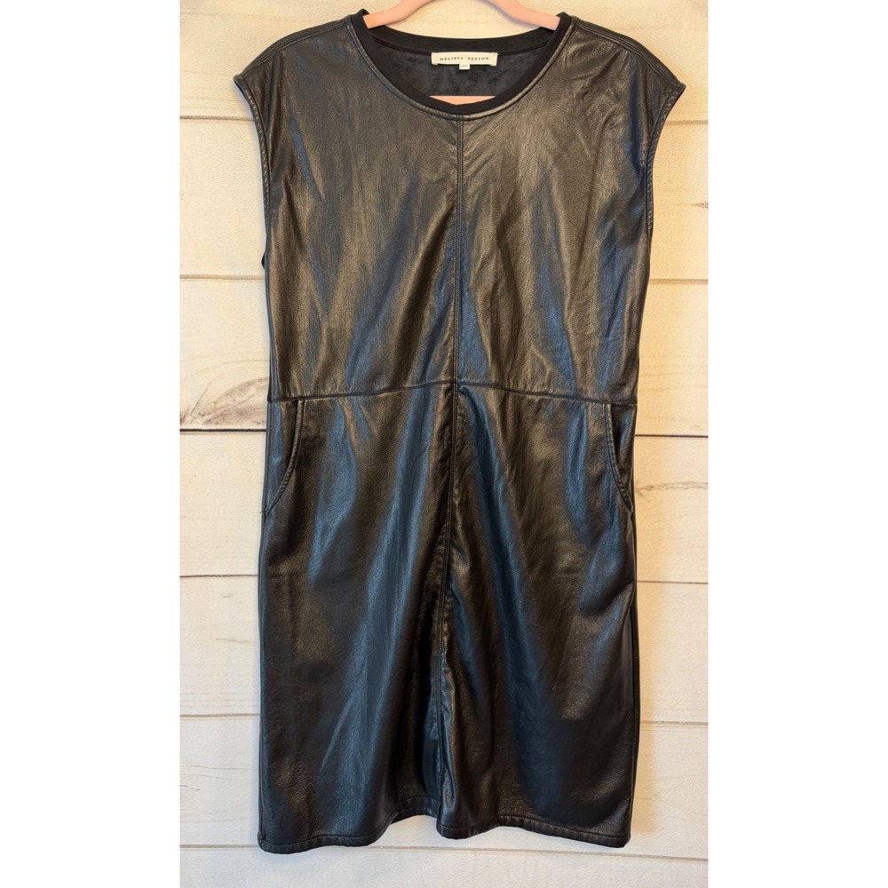 Melissa Nepton HANEVAS Black Faux Vegan Leather Shift Dress Pockets Small